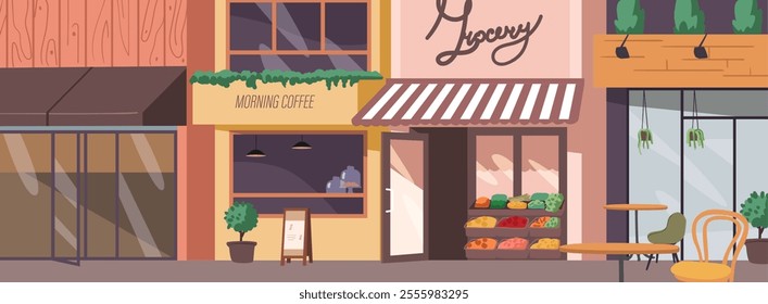 Street store, local market and grocery shop building exterior facade design vector illustration. No people empty city sidewalk with shopping marketplace, public showcase and cafeteria infrastructure