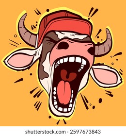 Street style art of a graffiti cow head screaming. Angry bull with horns and a hat being angry.