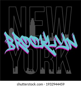 Street style Brooklyn slogan print with neon graffiti font and New York silhouette. Hipster graphic vector print for t shirt and sweatshirt design.