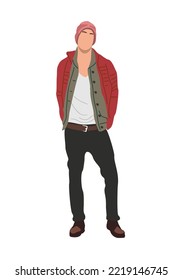 Moda estilo calle hombre ilustración vectorial realista. Un bonito personaje masculino vestido con un traje informal de moda. Atractivo chico joven con estilo de otoño o invierno. Aislado sobre fondo blanco.