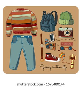 Street style fashion. Outerwear. Unisex look, shoes, accessorises. Spring, summer collection. Stylish fashionable clothes.