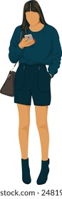 Street style fashion woman with purse and using mobile realistic faceless full length vector illustration