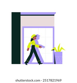 Street style fashion woman walks by a glass window, her reflection visible. A potted plant stands nearby. Flat vector illustration representing urban lifestyle and fashion trends.