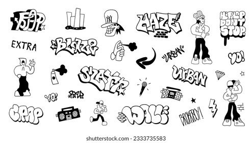 
street style graffiti doodles hand drawn characters and lettering , hip hop culture symbols vector background for kids