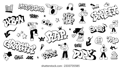 
street style graffiti doodles hand drawn characters and lettering , hip hop culture symbols vector background for kids