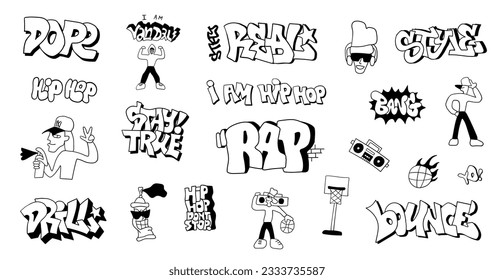 
street style graffiti doodles hand drawn characters and lettering , hip hop culture symbols vector background for kids