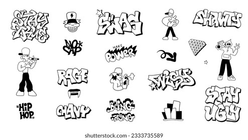 
street style graffiti doodles hand drawn characters and lettering , hip hop culture symbols vector background for kids