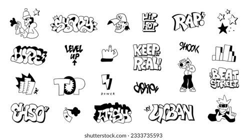 
street style graffiti doodles hand drawn characters and lettering , hip hop culture symbols vector background for kids