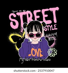 Street style ,happy mood slogan and girl illustration