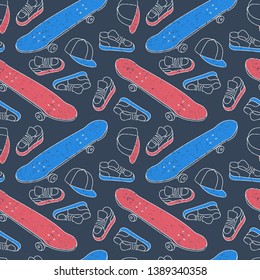 Street style modern doodle seamless pattern. Background with colorful hand drawn skateboards, sneakers and baseball caps with grunge texture. Graffiti vector illustration.