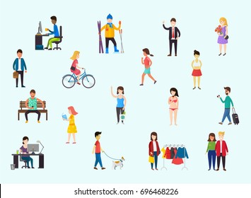 Street style people, businesspeople, teenager walking a dog, woman shopping, couple. Set of cartoon people. 