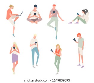 Street style people with gadgets. Vector illustration of communication via the Internet, social networking,chat, messages,web site, search friends, mobile web graphics. People who watch cell phones.