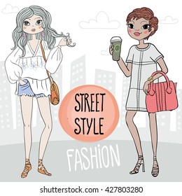 Street style vector illustration. Cute fashion model cartoon design girls in sketchy style. Women on city background, woman with coffee and bag, other girl with bag.