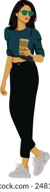 Street style walking woman in casual outfit holding coffee cup and wearing sunglasses full length realistic vector illustration