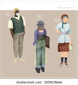 Street style women and man wearing mask with hand drawn style, talking and posing for item selling. Flat vector illustrations. Vintage clothing, bucket hat, medical mask in mimic oil painting.