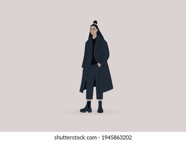 Street style, a young elegant female Asian character wearing an oversize coat and massive boots, millennial fashion