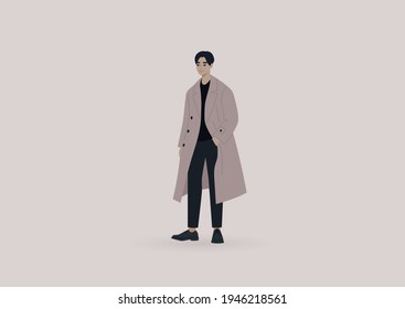 Street style, a young elegant male Asian character wearing an oversize coat, millennial fashion