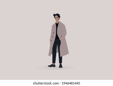 Street style, a young elegant male character wearing an oversize coat, millennial fashion