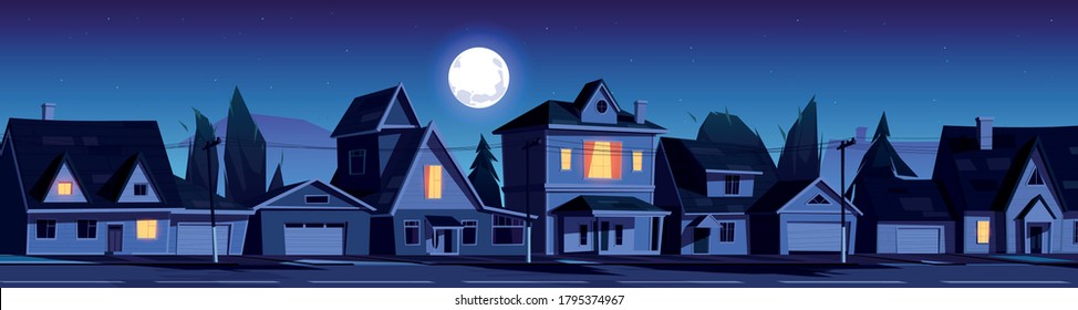 Street in suburb district with residential houses at night. Vector cartoon landscape with suburban cottages, moon and stars in dark sky. City neighborhood with real estate property