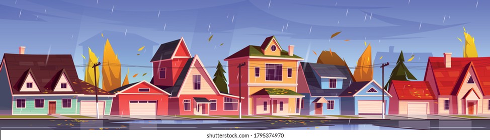 Street in suburb district with residential houses and yellow trees. Vector cartoon autumn landscape with suburban cottages, fall and rain. City neighborhood with real estate property