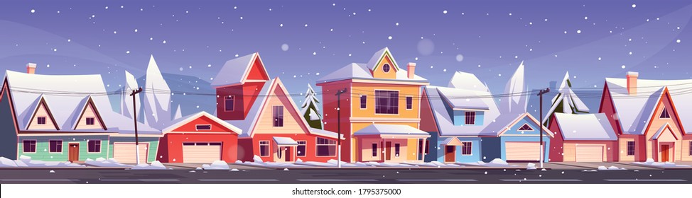 Street in suburb district with residential houses and snowfall. Vector cartoon winter landscape, suburban cottages with snow on roofs. City neighborhood with real estate property