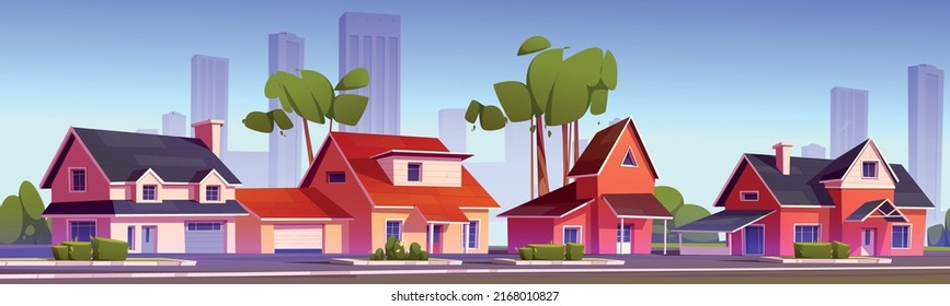 Street In Suburb District With Residential Houses And City On Skyline. Vector Cartoon Illustration Of Summer Landscape With Suburban Cottages With Garages, Green Trees And Road
