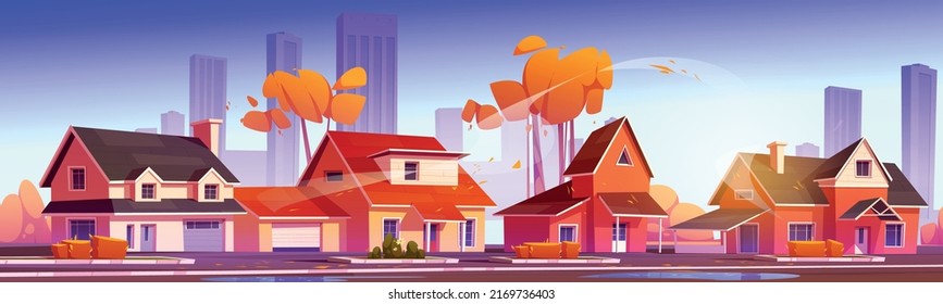 Street in suburb district with residential houses and city on skyline in fall. Vector cartoon illustration of autumn landscape with suburban cottages with garages, orange trees and road