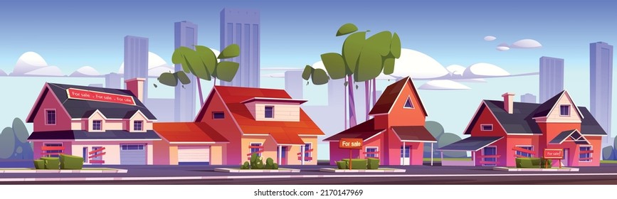 Street in suburb district with residential houses and city on skyline. Vector cartoon illustration of summer landscape with suburban cottages with garages, green trees and road