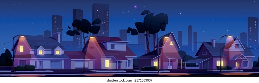 Calle en el barrio de los suburbios con casas residenciales y ciudad en horizonte por la noche. Vector cartografía ilustración paisajística cabañas suburbanas con garajes, árboles y caminos en luz de luz de luz de luz de luz y luz eléctrica