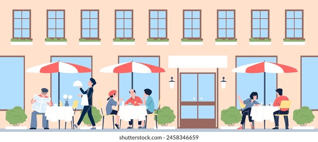 Street summer cafe. Breakfast or dinner in city cafeteria. Seasonal eating in outside restaurant, urban tourism and relax. Recent vector scene