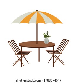 Street summer cafe. Isolated on a white background chairs and table with awning. Vector flat illustration