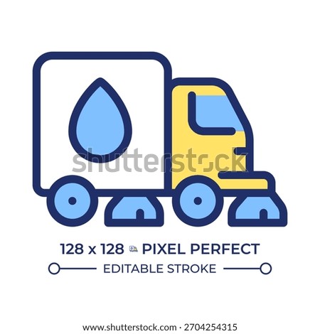 Street sweeper pixel perfect line color icon. Vacuum truck. Water quality, public utility. Road cleaning. Isolated vector illustration. Flat colorful symbol design. Editable stroke