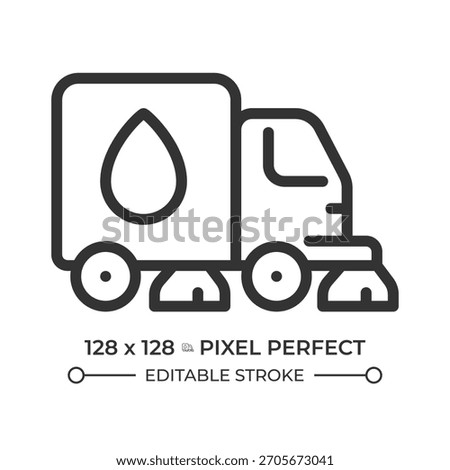 Street sweeper pixel perfect line icon. Vacuum truck. Water quality, public utility. Road cleaning. Isolated vector illustration. Outline symbol. Simple linear drawing. Editable stroke