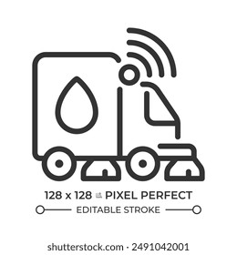 Street sweeper pixel perfect linear icon. Public health, vacuum truck. Cleaning transport. Sensor technology. Thin line illustration. Contour symbol. Vector outline drawing. Editable stroke