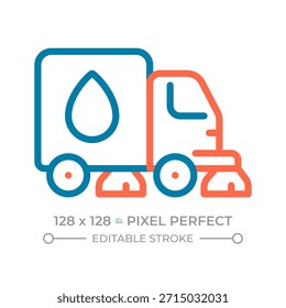 Street Sweeper Pixel perfekt zwei Farben Linie Symbol. Saug-LKW. Wasserqualität, öffentliche Versorgungseinrichtungen. Straßenreinigung zweifarbige Umrisssymbol. Lineares Piktogramm mit Duoton. Isolierte Abbildung. Bearbeitbarer Strich