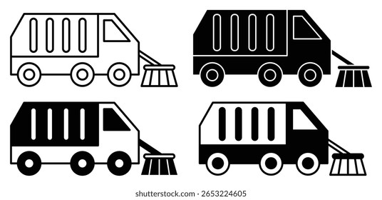 Street Sweeper Truck Icons Black and White Vector Illustrations Design Simple Line Art