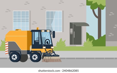 Street sweeper. Sweeper truck machines clean wash urban street asphalt, pavement, remove garbage. City street cleaning industry service cars vector illustration. Buildings, houses, road