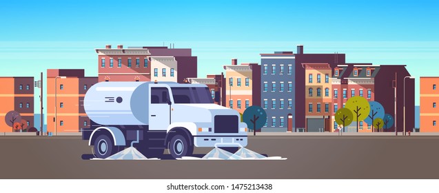 street sweeper truck washing asphalt with water industrial vehicle cleaning machine urban road service concept modern city buildings cityscape background flat horizontal