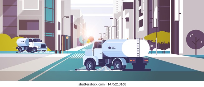 street sweeper trucks washing asphalt with water industrial vehicle cleaning machines urban road service concept modern city buildings cityscape background flat horizontal