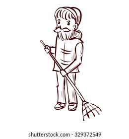 Street Sweeper at Work, street cleaner, public sector worker. Hand drawn vector illustration.