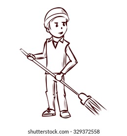 Street Sweeper at Work, street cleaner, public sector worker. Hand drawn vector illustration.