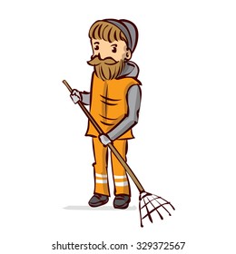 Street Sweeper at Work, street cleaner, public sector worker. Hand drawn vector illustration.