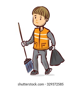 Street Sweeper at Work, street cleaner, public sector worker. Hand drawn vector illustration.