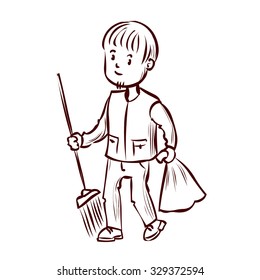 Street Sweeper at Work, street cleaner, public sector worker. Hand drawn vector illustration.