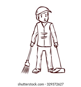 Street Sweeper at Work, street cleaner, public sector worker. Hand drawn vector illustration.