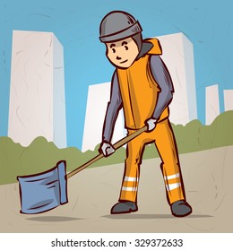 Street Sweeper at Work, street cleaner, public sector worker. Hand drawn vector illustration.