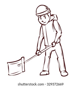 Street Sweeper at Work, street cleaner, public sector worker. Hand drawn vector illustration.