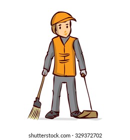 Street Sweeper at Work, street cleaner, public sector worker. Hand drawn vector illustration.