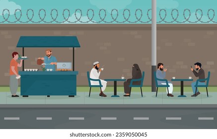 Street tea shop, Hotel with chai wala making tea for visitors sitting at tables, vector flat illustration. Outdoor cafeteria, Pakistan tea shop concept