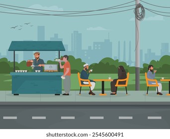 Tienda de té de la calle, hotel con chai wala que hace el té para los visitantes que se sientan en las mesas, ilustración plana del Vector. Cafetería al aire libre, concepto de tienda de té de Pakistán